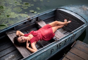 , Dmitry Shulgin, outdoors, red dress, brunette, boat, lake, water, model, red lipstick, summer dress, nature
