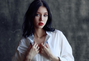 Evgeniy Bulatov, , indoors, brunette, blue eyes, studio, red lipstick, white shirt, model, looking at viewer, face