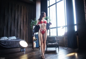 Maksim Chuprin, , red lingerie, women indoors, hips, bed, brunette, mirror, reflection, window, ass, model, red bra, leather jacket, red panties, wooden surface, red panties, belly button, plants, standing