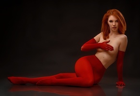 Vyacheslav Tsurkan, , red pantyhose, redhead, studio, no bra, on the floor, ass, model, women indoors, looking at viewer, boobs, women, pantyhose, hips, covering boobs