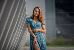 , Denis Lytkin, polka dots, blonde, women outdoors, blue dress, model, looking at viewer, public