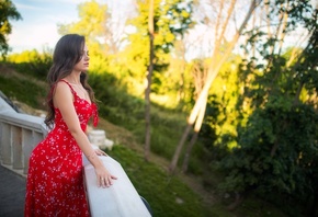 Dmitry Shulgin, hips, , red dress, model, women outdoors, trees, sky, nature, clouds, brunette