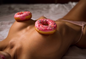 , Evgeniy Krestyanov, Viktoria Ryzhova, brunette, hips, pink panties, in bed, model, no bra, doughnuts, ass, indoors, lying on back, boobs