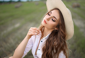 , brunette, closed eyes, makeup, outdoors, field, model, white shirt, red lipstick, open shirt, straw hat, white hat, nature