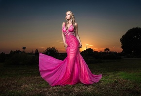 model, outdoors, pink dress, blonde, long hair, earrings