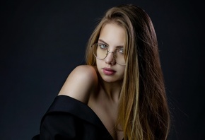 , blonde, studio, model, woman with glasses, indoors, face, red lipstick, simple background, long hair