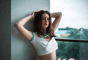 Disha Shemetova, , brunette, women indoors, short tops, model, T-shirt