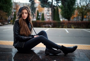 Dmitry Shulgin, jeans, women outdoors, jacket, , jeans, public, urban, sitting, trees