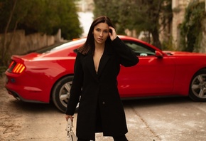 red cars, model, , coats, women outdoors, brunette, women with cars, black coat, trees, looking at viewer