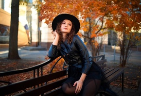 Dmitry Shulgin, bench, , brunette, women outdoors, black hat, park, model, leather jacket, black jacket, black dress, leaves, trees, sitting, makeup