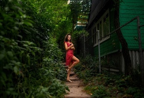 Dmitry Shulgin, brunette, Ekaterina Kononova, , red dress, women outdoors, nature, plants, model, cottage, legs
