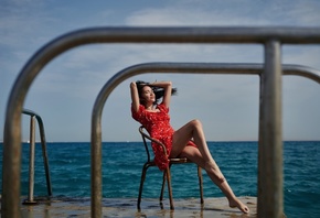Gene Oryx, model, red dress, chair, , brunette, summer dress, women outdoors, legs, sea, nature, sitting, sky, closed eyes, clouds