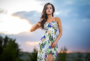 Dmitry Shulgin, Ekaterina Kononova, , brunette, women outdoors, summer dress, model, sky, clouds, nature, trees, dress