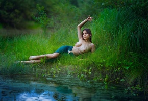 blue skirt, , no bra, boobs, brunette, nature, grass, trees, water,  ...