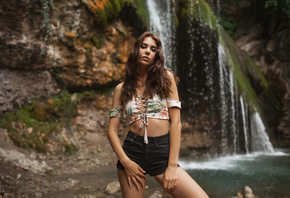 waterfall, brunette, , nature, water, jeans shorts, model, looking a ...