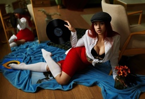red skirt, redhead, mirror, , reflection, tattoo, hat, model, hips, on the floor, neckline, acetate disc, flowers, white shirt, open shirt, tied top, women indoors
