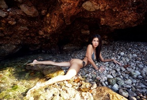 Maxim Gustarev, model, bikini, ass, women outdoors, , brunette, water, nature, hips, beach