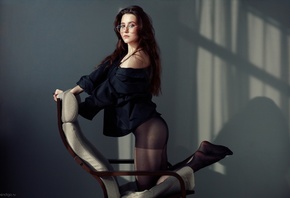 Evgeniy Bulatov, women with glasses, , ass, brunette, black shirt, women indoors, black pantyhose, hips, panties, model, wall