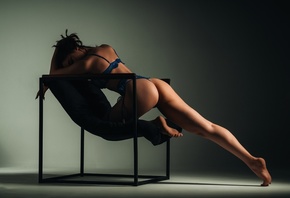 Maks Miron, studio, ass, , blue lingerie, model, women indoors, blue bra, brunette, blue thong, legs, hips, rear view, garter belt