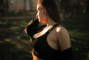 Alexander Nesterenko, neckline, brunette, black top, women outdoors, , model, field, nature, depth of field