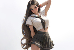 anime girls, schoolgirl, school uniform, school skirt, brunette, tie, simple background, AI Art, white background, long hair