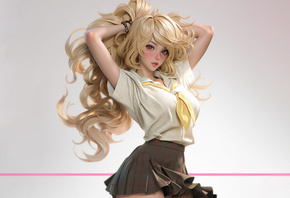 anime girls, schoolgirl, school uniform, school skirt, blonde, tie, simple background, AI Art, long hair