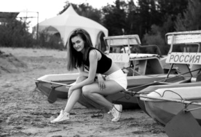 monochrome, model, , jean shorts, short tops, women outdoors, black top, Converse, boat, Converse All Star, women, sitting, trees, looking at viewer