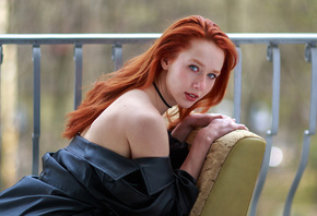 Vladimir Lapshin, , redhead, freckles, women indoors, Elizaveta Kurilko, long hair, leather jacket, model, red lipstick, black jacket