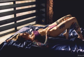 Ruslan Yakubov, in bed, model, , purple panties, ass, tattoo, women indoors, brunette, hips, wooden surface, legs, purple lingerie, closed eyes