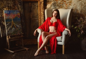 Denis Egorov, red lingerie, model, hips, armchair, women indoors, , brunette, painting, red bra, belly button, red panties, wooden surface
