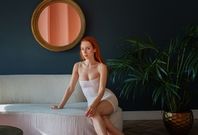 Ilya Miloradov, Elizaveta Kurilko, white couch, redhead, sitting, , mirror, minidress, white dress, women indoors, hips