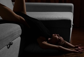 black bodysuit, ass, blonde, closed eyes, , model, women indoors, hips, bodysuit, couch