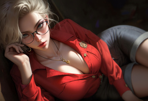 AI Art, blonde, Stable Diffusion, neckline, , women with glasses, jean shorts, red shirt