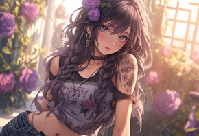 , AI Art, anime girls, long hair, rose, flowers, brunette, jeans, tattoo