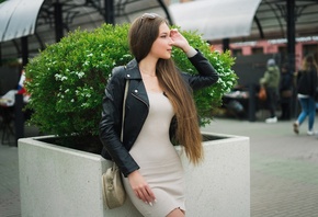 Robert Zazin, public, model, women outdoors, leather jacket, white dress, , brunette, urban, people, sunglasses