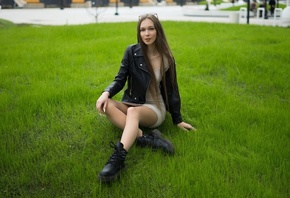 Robert Zazin, model, women outdoors, leather jacket, white dress, , brunette, grass, sunglasses, boots