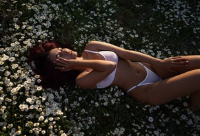 Maxim Gustarev, chamomile, white lingerie, lying on back, ass, belly button, model, women outdoors, nature, hips, redhead, flowers, white panties