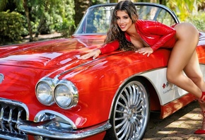 babe, sexy, red corvette, classic, heels, red outfit, outdoors, long hair