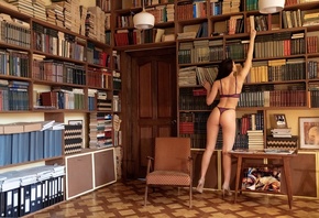 purple lingerie, rear view, ass, library, purple panties, books, model, , women indoors, brunette, hips, purple bra, bookcase