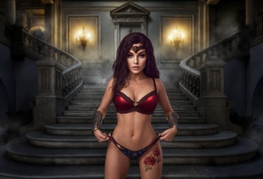 Kalinka Fox, cosplay, sexy, wonder woman, brunette, tattoo