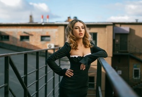 Petr Demichev, black dress, brunette, sky, women outdoors, clouds, in bed, model, , makeup, rooftops