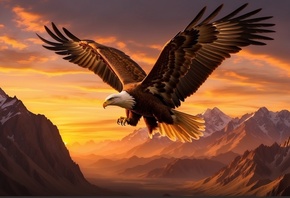 Mountains, artwork, bald eagle, sun, flying