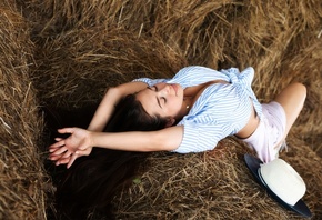 Konstantin Koyokin, hay, brunette, women indoors, closed eyes, striped shirt, , model, tied top, barns, hat, neckline