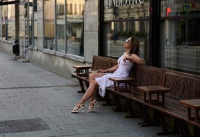 Gene Oryx, women with glasses, tattoo, brunette, sitting, , women outdoors, model, urban, white dress, public, bench