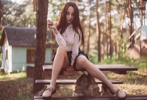 bench, sitting, brunette, ass, , women outdoors, model, black skirts, white blouse, nature, trees, forest, cabin