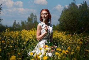 white dress, field, sky, redhead, flowers, model, trees, women outdoors, clouds, nature, makeup