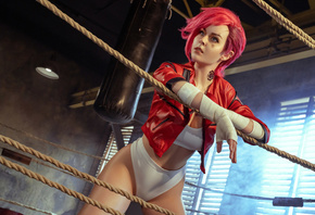 Helly von Valentine, model, cosplay, Vi League of Legends, redhead, , women, League of Legends, Arcane, women indoors, ass, leather jacket, tattoo, hips, white panties, video game girls, video games