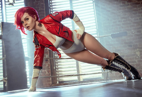 Helly von Valentine, model, cosplay, Vi League of Legends, redhead, , women, League of Legends, Arcane, women indoors, ass, leather jacket, tattoo, hips, white panties, video game girls, video games, boots, white tops