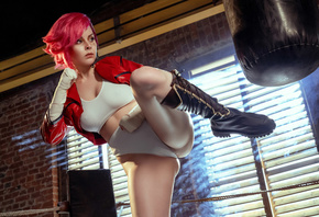 Helly von Valentine, model, cosplay, Vi League of Legends, redhead, , women, League of Legends, Arcane, women indoors, ass, leather jacket, tattoo, hips, white panties, video game girls, video games