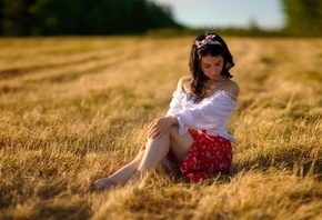 field, brunette, women outdoors, white blouse, model, grass, barefoot, grass, red skirt, , nature